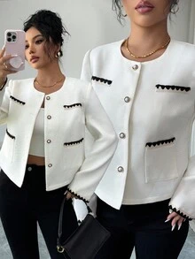 SHEIN Elenzya Elegante chaqueta de mujer tipo cárdigan con cuello redondo, tela texturizada, cinta, bolsillo y decoración de botones