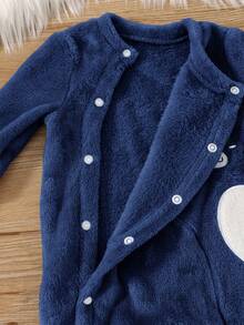 Pelele de felpa con cuello en V con bordado adorable de oso para bebé recién nacido niño, para otoño/invierno - Azul Marino - Ver 2