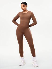 SHEIN Sports 女式秋季纯色露背长袖弹力连体裤 - 棕色 - 查看 3