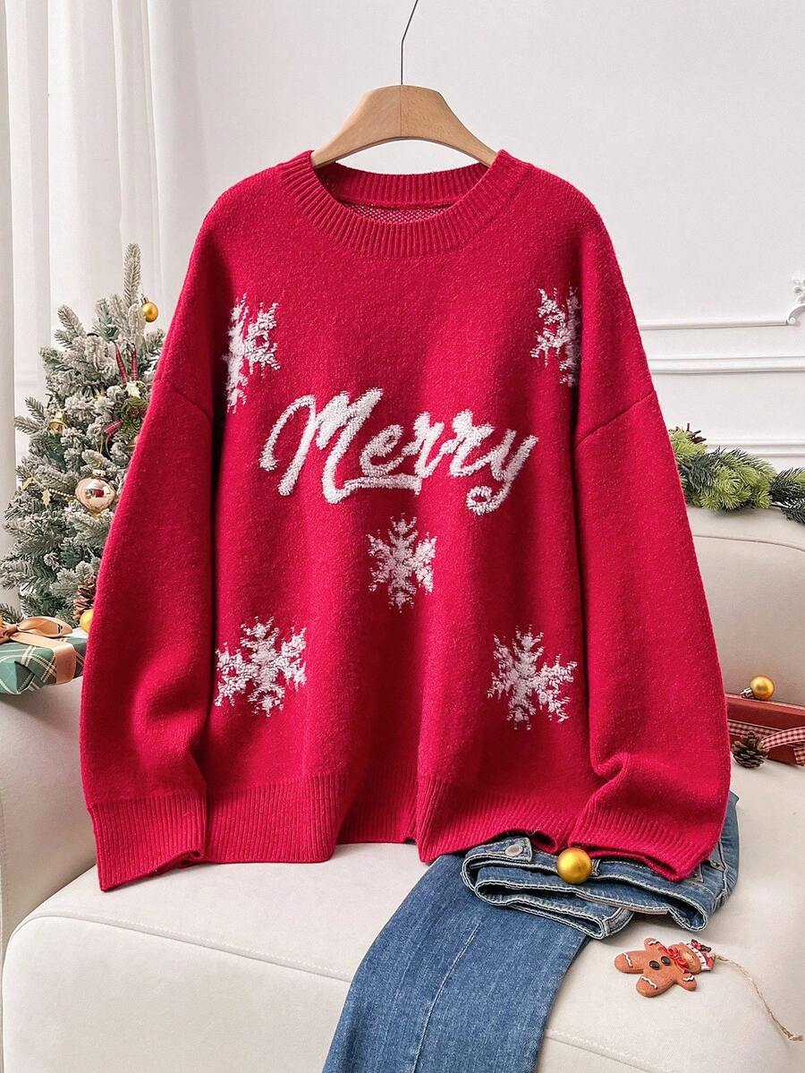SHEIN Cosyjoi Plus Size Casual Christmas Snowflake 3D Flower Handmade Knit Sweater Red Christmas Sweater Christmas Clothes Winter Tops For Women Christmas Sweaters For Women - Red - View 1