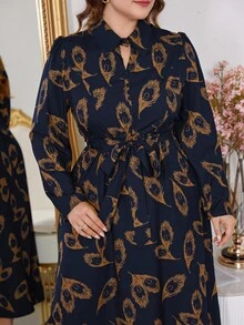 Modelyn Plus Size Casual Full Print Shirt Dress For Spring & Autumn, Elegant A Line Dresses, For Casual Daily/Travel/Work/Party Maxi Women Outfit Fall - Navy Blue - View 3