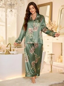 SHEIN 加大码女式花卉印花梭织睡衣套装，弹力优雅纽扣前开长袖上衣和长裤，秋季服装 - 綠色 - 查看 3