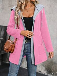 EMERY ROSE 拼色保暖内衬连帽口袋休闲长袖夹克 - 粉色 - 查看 7