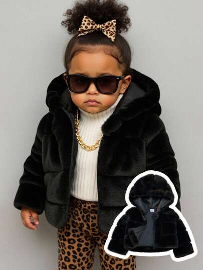SHEIN Playful Pals 女婴时尚纯色羊毛混纺短款连帽夹克，日常休闲外套，户外必备
