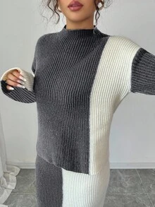 Selianne 女式 Aniusta 拼色复古圆领毛衣上衣和裙子套装，优雅百搭，适合节日、独立日、音乐会，适合秋冬季 - 彩色 - 查看 5