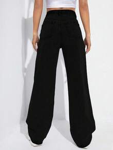 SHEIN EZwear 冬季加大码女式不对称腰身个性化时尚牛仔裤 - 黑色 - 查看 5