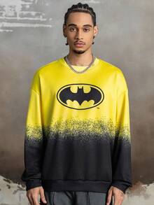 BATMAN X SHEIN Men's Casual Contrast Color Bat Letter Graphic Crew Neck Sweatshirt, Autumn, Long Sleeve Top