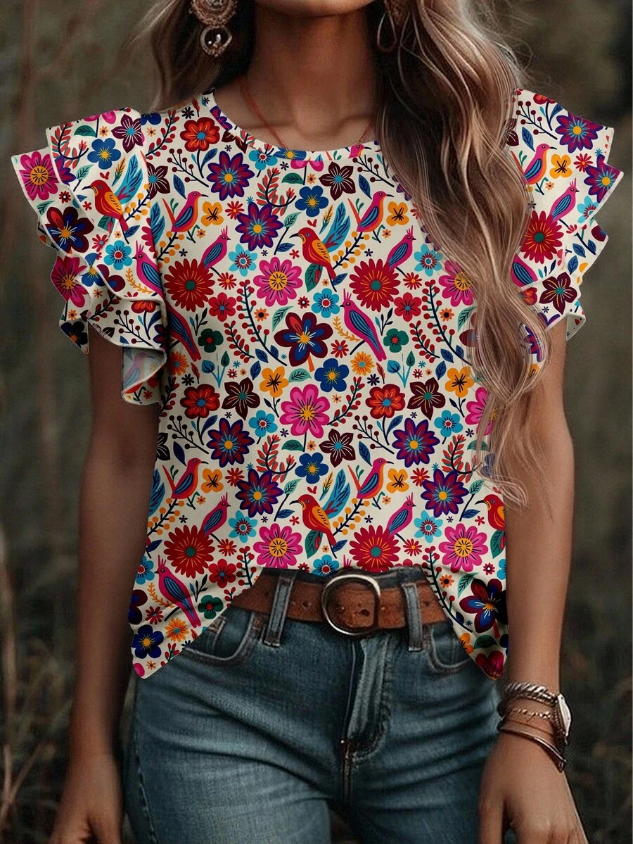 EMERY ROSE Plus Size Women's Daily Casual Elegant Retro Holiday Style Tropical Floral Retro Pattern Round Neck Double Layer Cap Sleeve Loose Shirt, Women's Summer Clothing, Women's Vacation Clothing, Women's Summer Clothing, Women's Going Out Tops,Flower/Spring - Multicolor - View 1