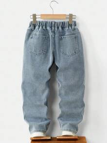 男童休闲日常水洗斜口袋松紧腰牛仔裤 - 中等水洗藍 - 查看 2