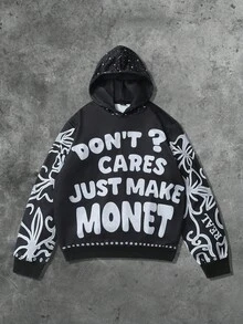 ROMWE MEN Goth Men's Fashionable Slogan Print Hoodie, Autumn - Black - View 4