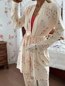 CottageSlumber Bộ đồ ngủ gồm 3 món áo hai dây dệt hoa nhỏ xinh xắn dành cho nữ, quần và áo choàng, đồ ngủ mùa đông - Nhiều màu - Xem 5
