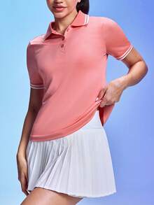 Easithlete 夏季休闲撞色条纹短袖运动Polo衫 - 西瓜粉 - 查看 4