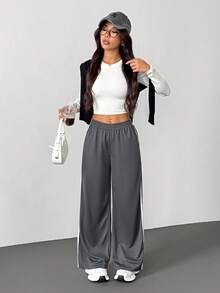 SHEIN PETITE 休闲黑色侧条纹长裤简约时尚日常休闲 - 深灰色 - 查看 5