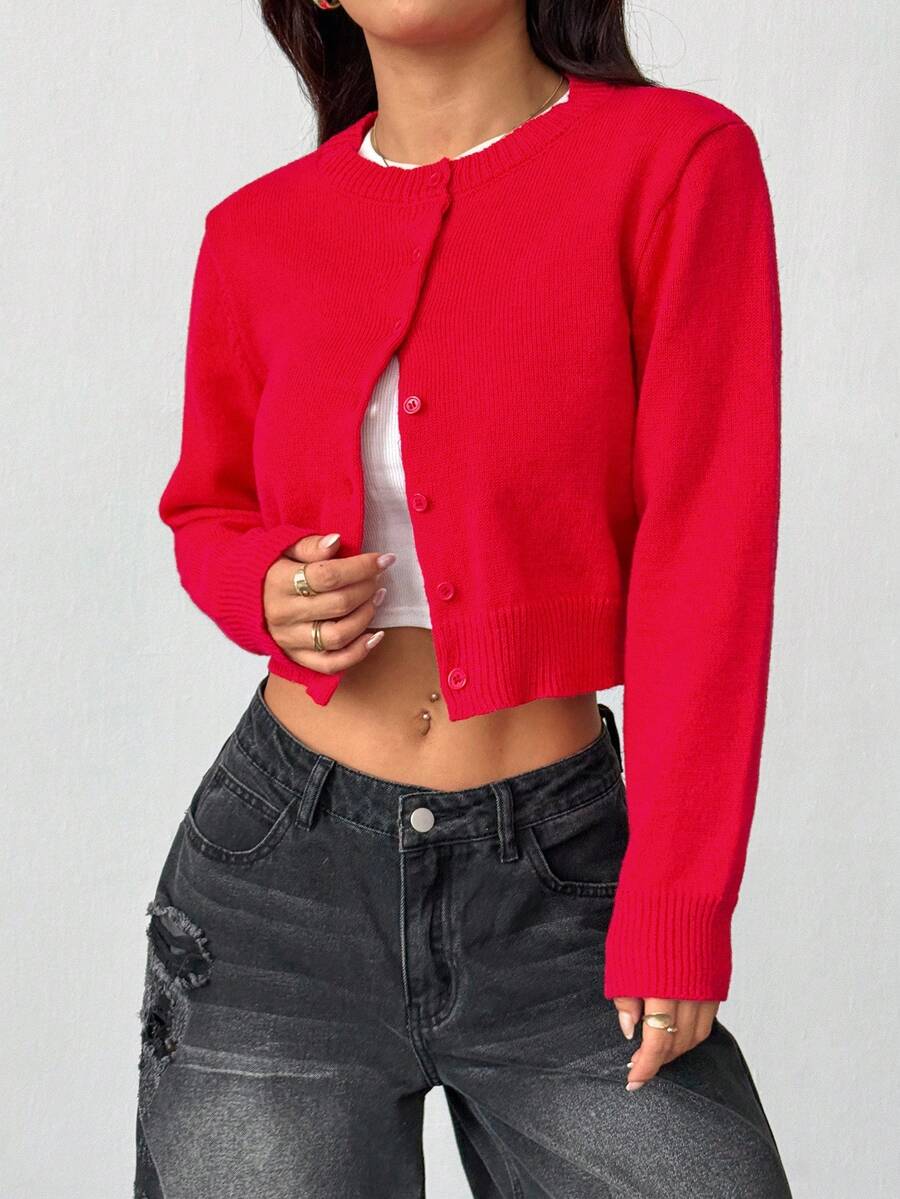 SHEIN PETITE 女士纯色单排扣休闲短款长袖开衫，圣诞新年秋冬季 - 紅色 - 查看 1