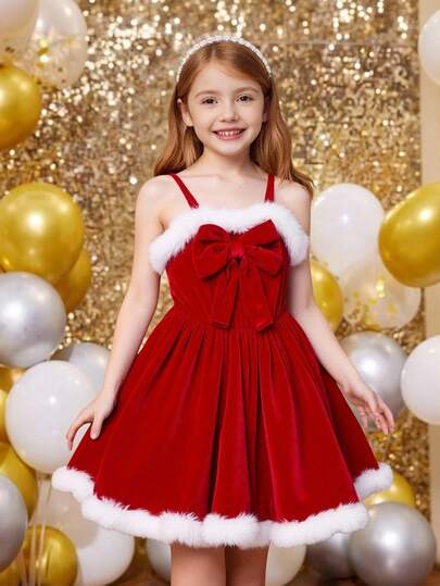 Girls Christmas Dress, Spaghetti Strap Velvet & Faux Fur Dress With Big Bow Decor, Comfortable Casual Suitable For Daily Wear, Christmas, Parent-Child, Mother-Daughter Matching