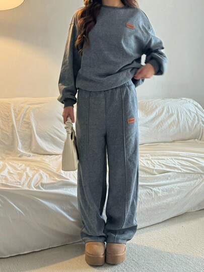 SHEIN Tonårsflickor grå stickad baströja och byxor, vinter