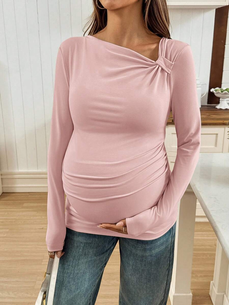 SHEIN 孕妇休闲纯色斜肩修身长袖T恤,秋季 - 粉色 - 查看 1