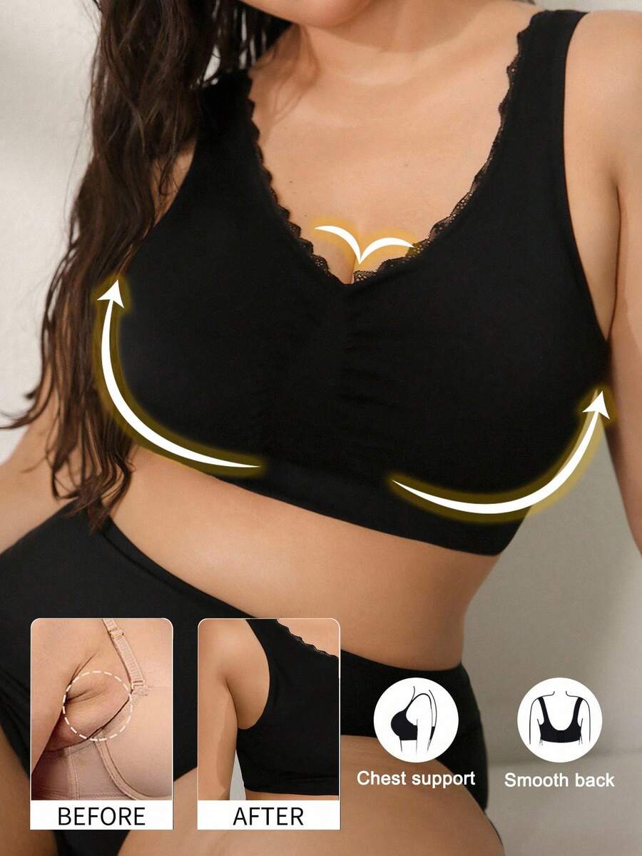 NudeFit 1 件女士加大码无缝无钢圈柔软蕾丝边双层吊带背心文胸