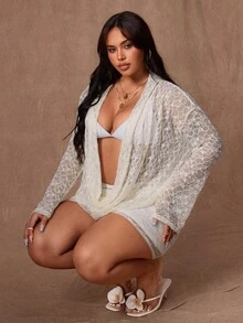 Rustia Plus Size Women Plunging Neckline Lace Trim Sexy Blouse