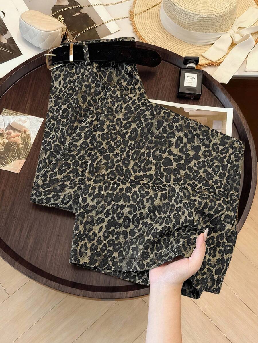 SHEIN Franclia 2025 Höst/Vinter Moderiktiga amerikanska streetstyle leopardmönster lösa raka jeans för kvinnor, enkla byxor för skolstartssäsongen - Multifärgad - Visa 1
