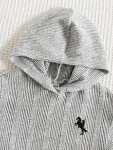 2 pezzi Set tuta da bambina con felpa con cappuccio termica a costine e pantaloni spessi e caldi, con ricamo di pony, adatto per l'inverno - Grigio - Visualizzare 6