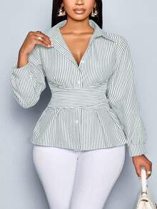 SOLERSUN 大码女式衬衫优雅提花优雅性感女士通勤约会条纹秋冬上衣，长袖露肩衬衫，开领纽扣，腰部包裹式肩带，蓝白条纹，返校季，大学购物，劳动节 - 綠色 - 查看 3