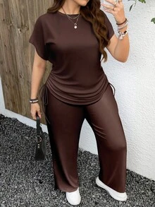 EMERY ROSE 2件套加大码休闲纯色深棕色套装，适合夏季