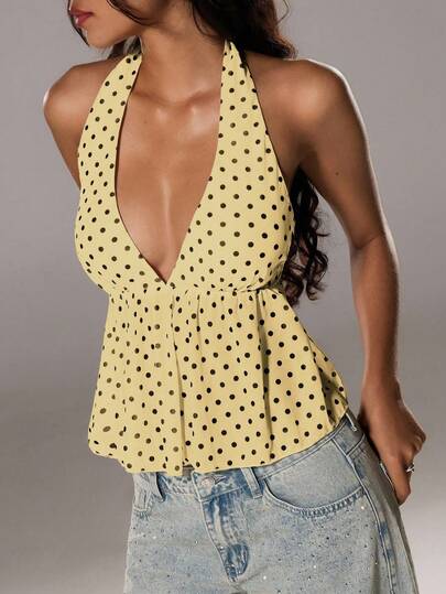 TRNVIE Camiseta de tirantes elegante con escote en V y estampado de lunares para mujer, primavera/verano