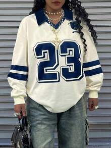 Rovax Plus Size Loose Fit Double Layer V-Neck Drop Shoulder Long Sleeve Sweatshirt