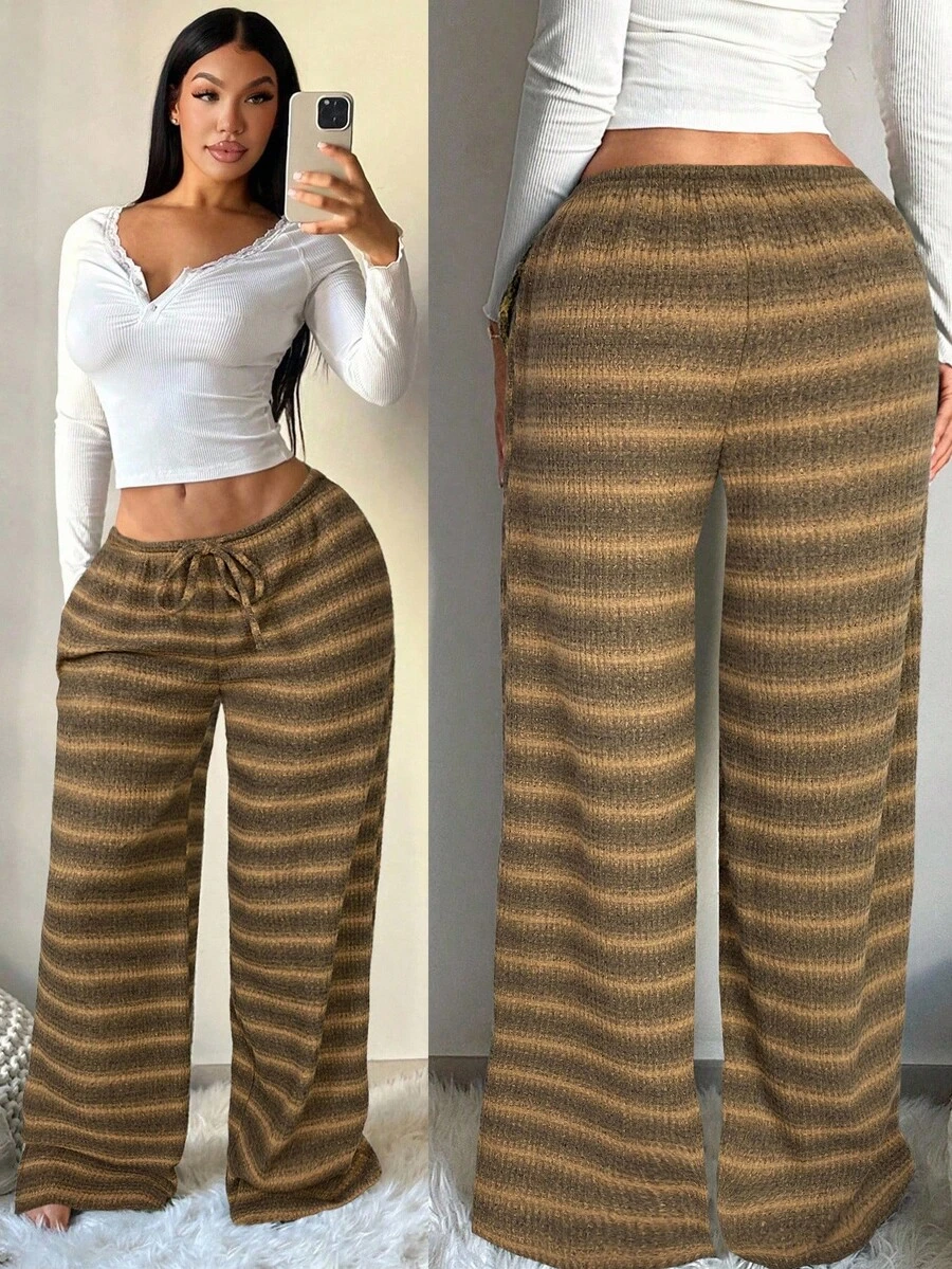 SHEIN SXY 女式舒适休闲简约低腰抽绳阔腿裤 - 棕色 - 查看 1
