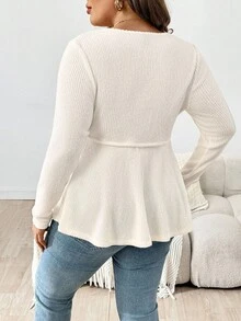 SHEIN Plus Size Maternity Casual V-Neck Drawstring Waist Peplum Top, Solid Color, Suitable For Daily Wear And Commuting, Spring/Autumn Plus Size White Tops Jumpers For Women Plus White Long Sleeve Top V-Neck Woven Top Peplum Long Sleeve