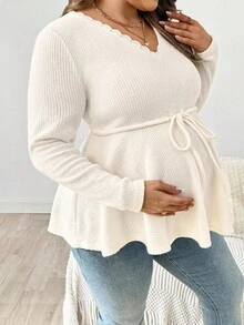 SHEIN Plus Size Maternity Casual V-Neck Drawstring Waist Peplum Top, Solid Color, Suitable For Daily Wear And Commuting, Spring/Autumn Plus Size White Tops Jumpers For Women Plus White Long Sleeve Top V-Neck Woven Top Peplum Long Sleeve