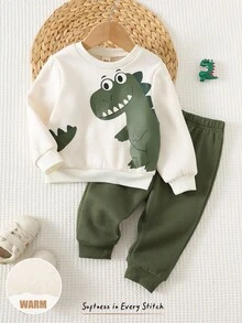Cozy Pixies 2 件套男婴卡通恐龙印花圆领长袖运动衫和纯色松紧腰裤套装 - 彩色 - 查看 3