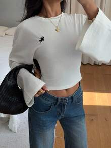 Siren Gaze Elegant Casual White Women's Autumn Fall Clothes For Women Winter Clothes Embroidered Knight Graphic Flare Sleeve Fitted Cropped T-Shirt, 2025 New Luxury Old Money Style Top For Party Commuting Business Casual Workday Outing Butter Yellow Tops Pastel Yellow Top Light Yellow Top Yellow Crop Top Women - White - View 6