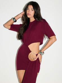 KIZN Váy ngắn dệt kim cắt xẻ tà dài xếp ly bên hông chi tiết phần cứng hình tròn trang nhã cho buổi tối dự tiệc câu lạc bộ đêm ra ngoài mùa thu đông - Màu Đỏ Sâu - Xem 3