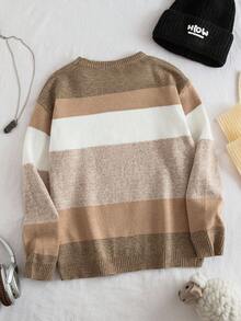 Sparklyn 青少年男孩条纹多色简约个性化套头衫，非常适合秋冬季节 - 卡其色 - 查看 2