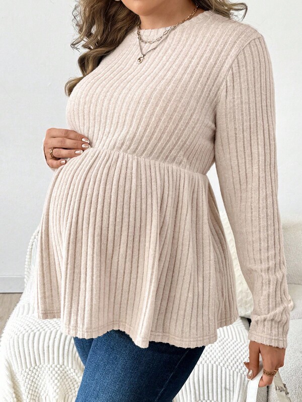 SHEIN Fall Clothes,Autumn Clothes,Maternity Autumn/Winter Clothes  Maternity Plus Size Women Solid Color Round Neck Long Sleeve Ribbed Casual Top Maternity Clothes Fall Winter Pregnancy Clothes Maternity Long Sleeve Top Beige Maternity Top Pregnant Outfits Maternity Tops Long Sleeve Maternity Peplum Top Beige Ribbed Maternity Top