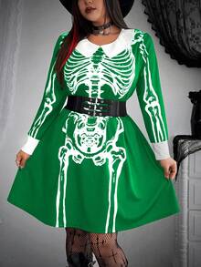 Whyspr Plus Size Halloween Cosplay Dark Punk Goth Wednesday Skeleton Collar Vintage Cute Short Dress - Army Green - View 3