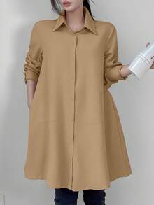SHEIN Unity Women's Casual Solid Color Long Sleeve Mid-Length Shirt Fall Cloth For Women - Khaki - View 3
