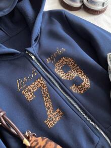 Tween Girls Casual Versatile Commuting School Sweatshirt, Zip-Up Short Numeric, Letter & Leopard Print Pattern - Royal Blue - View 4