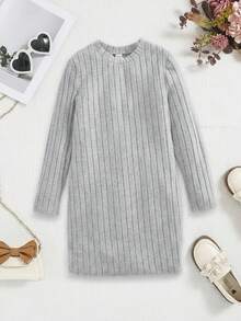 فستان كاجوال بياقة مستديرة مضلع بلون أسود ورمادي، طقم 2 قطعة للبنات - متعدد الألوان - مشاهدة 4