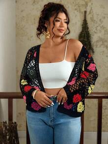 Travachic Áo len cardigan tay dài dáng rộng, buộc dây, khoét lỗ cỡ lớn - màu đen - Xem 5