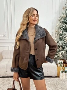 SHEIN LUNE Retro Faux Fur Leather Jacket, Autumn/Winter, Christmas - Light Grey - View 7