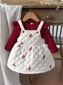 Vintaside Kids 1 Set Baby Girls Solid Color Long Sleeve Raglan Jumpsuit Top And Butterfly Print Padded Bib Overall Dress T-Shirt Outfit - Multicolor - View 3