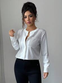 SHEIN Elenzya Damen elegante schwarz-weiß gestreifte Bluse mit Stehkragen und Langarm, locker geschnitten für den täglichen Weg zur Arbeit, Herbst/Winter - Schwarz und Weiss - Übersicht 6