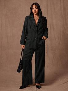 Rustia Plus Size Long Sleeve Lapel Collar Straight Leg Pants 2 Pieces Suit Set, Striped Casual Office Wear