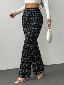 SHEIN PETITE Summer Elegant Women's Plaid Printed Elastic Knitted Pants, Suitable For Various Occasions, Suitable For Summer Vacation, Elegant Travel, And Daily Commuting, Winter Clothes For Women,Thanksgiving Outfit For Women