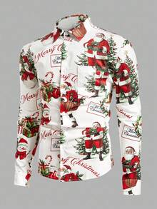 Manfinity NXTstreet 男士圣诞老人礼物数码印花衬衫，秋季，圣诞情侣红白长袖上衣，新年魅力 - 彩色 - 查看 4
