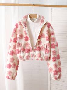 SHEIN 少女金属拉链立领口袋花卉羊羔绒纹理面料休闲通勤优雅外套夹克，秋冬 - 粉色 - 查看 7