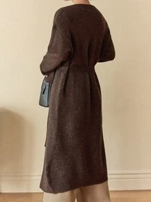 Dazy-Less Áo khoác cardigan dài dáng rộng, đơn giản, màu trơn, vai rớt, có thắt lưng dành cho nữ, thích hợp mặc hàng ngày đi làm, mùa thu/đông, phong cách công sở. - màu nâu - Xem 9